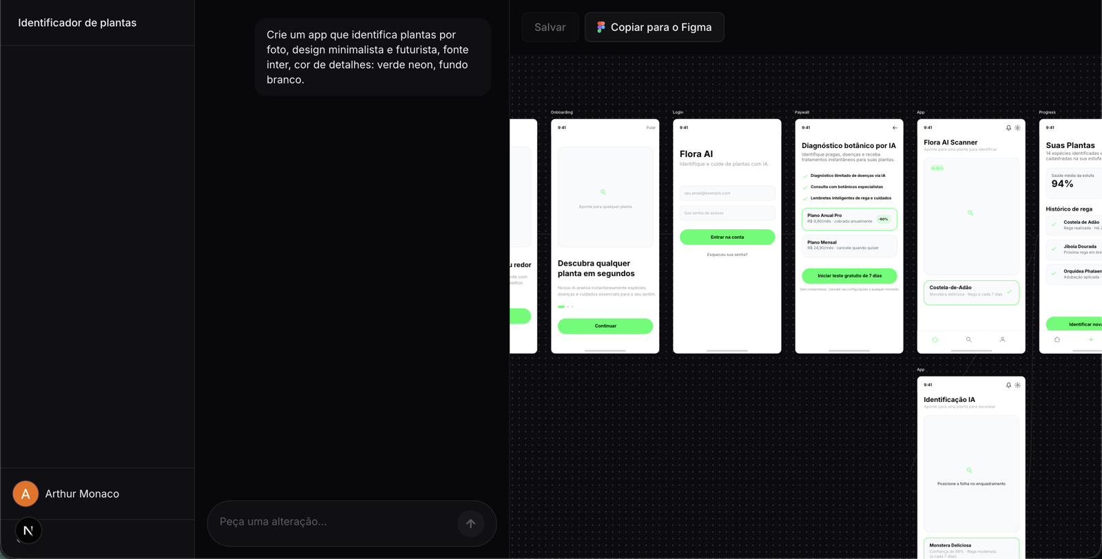 Flowframe de um projeto real aberto no workspace do Cron, com as telas conectadas